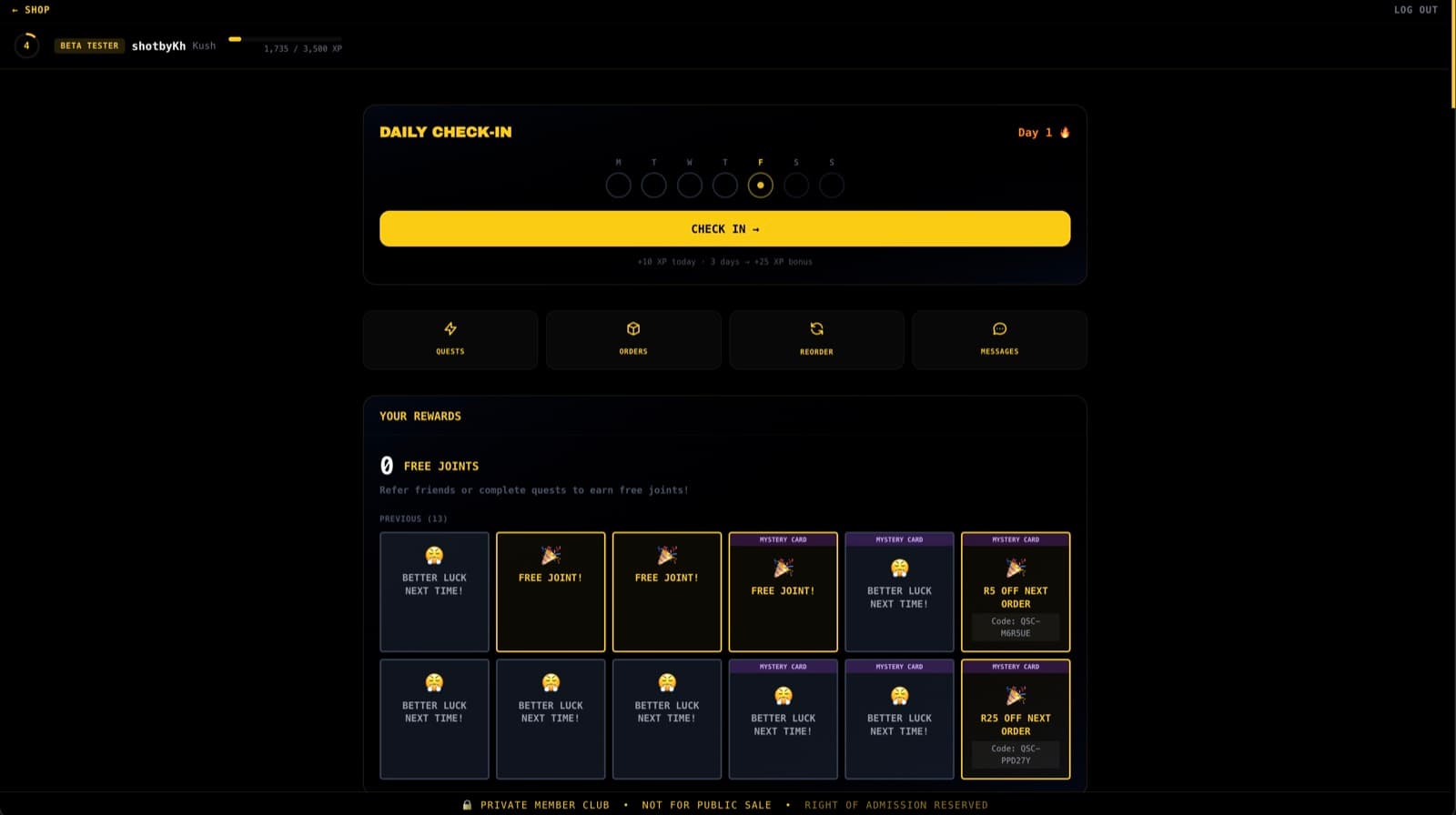 dankbud member dashboard — XP, level, daily check-in streak and rewards