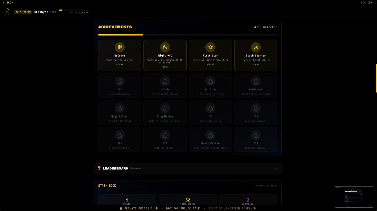 dankbud achievements grid — 4 of 16 unlocked