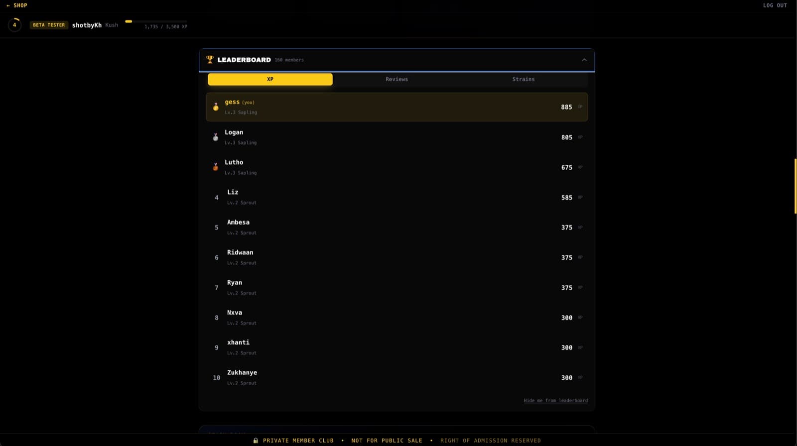 dankbud XP leaderboard ranking members by level