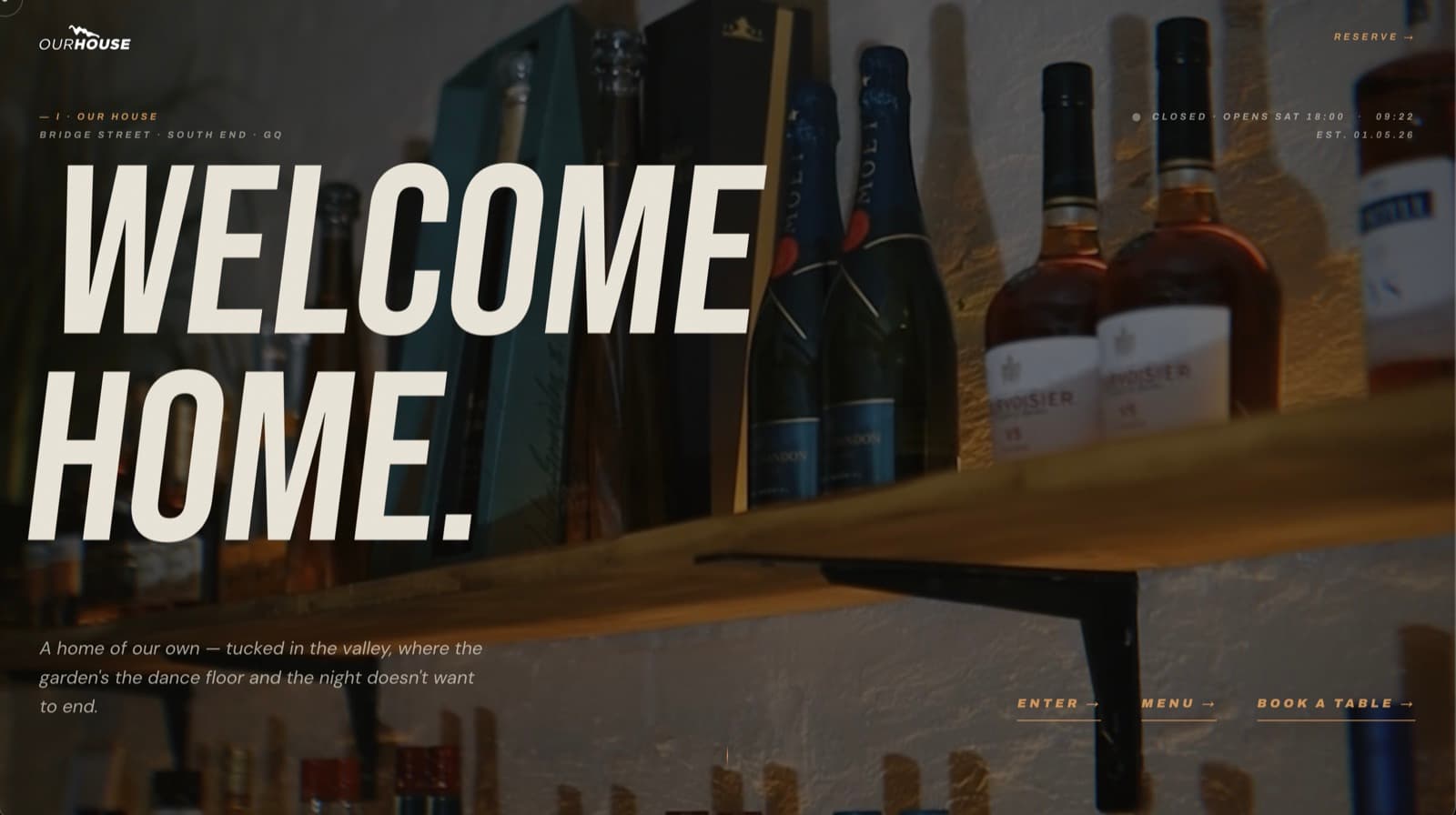 Our House homepage hero — ‘Welcome home’ set over the bar shelf