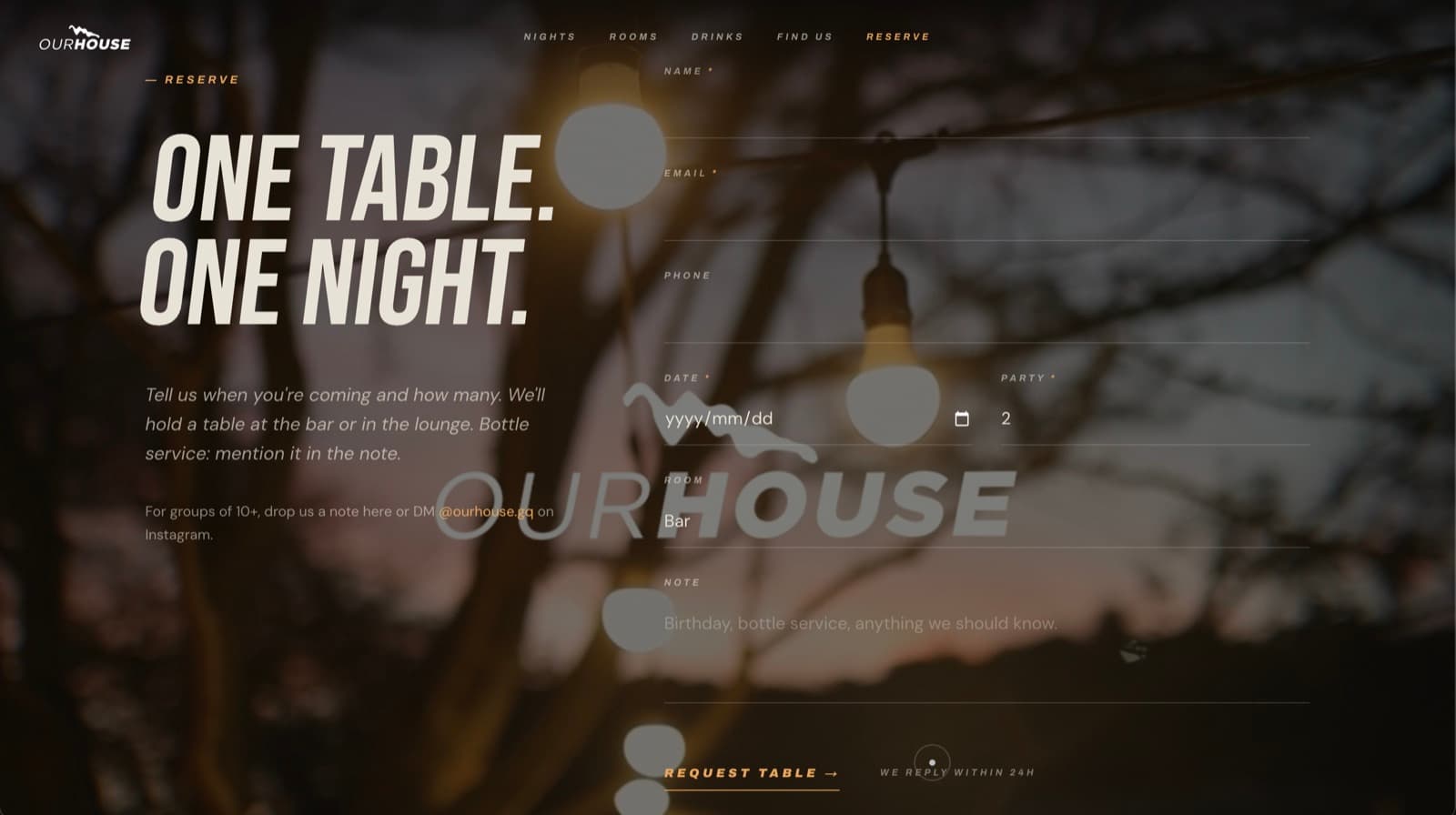 Our House reservation request form — name, party, date, note